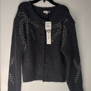 Vigoss Charcoal Knit Button-Up Sweater with Crystal Accents